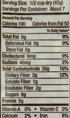honey oat granola nutrition label