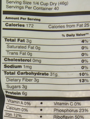 organic whole grain quinoa nutrition label